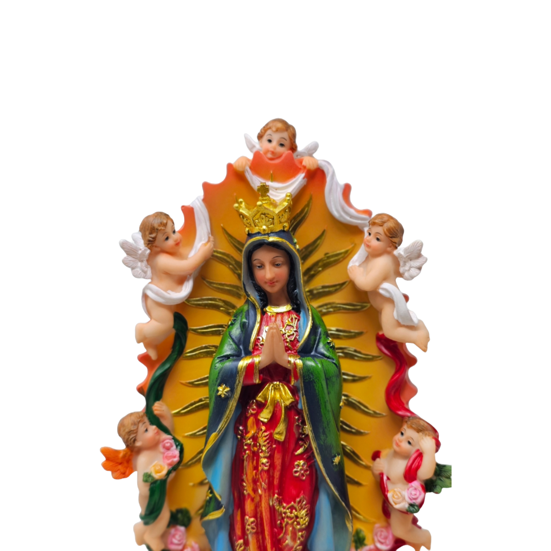 Our Lady of Guadalupe with Angels 12" Statue (Virgen de Guadalupe con Ángeles) - Resin, Vivid Colors, Detailed Catholic Art