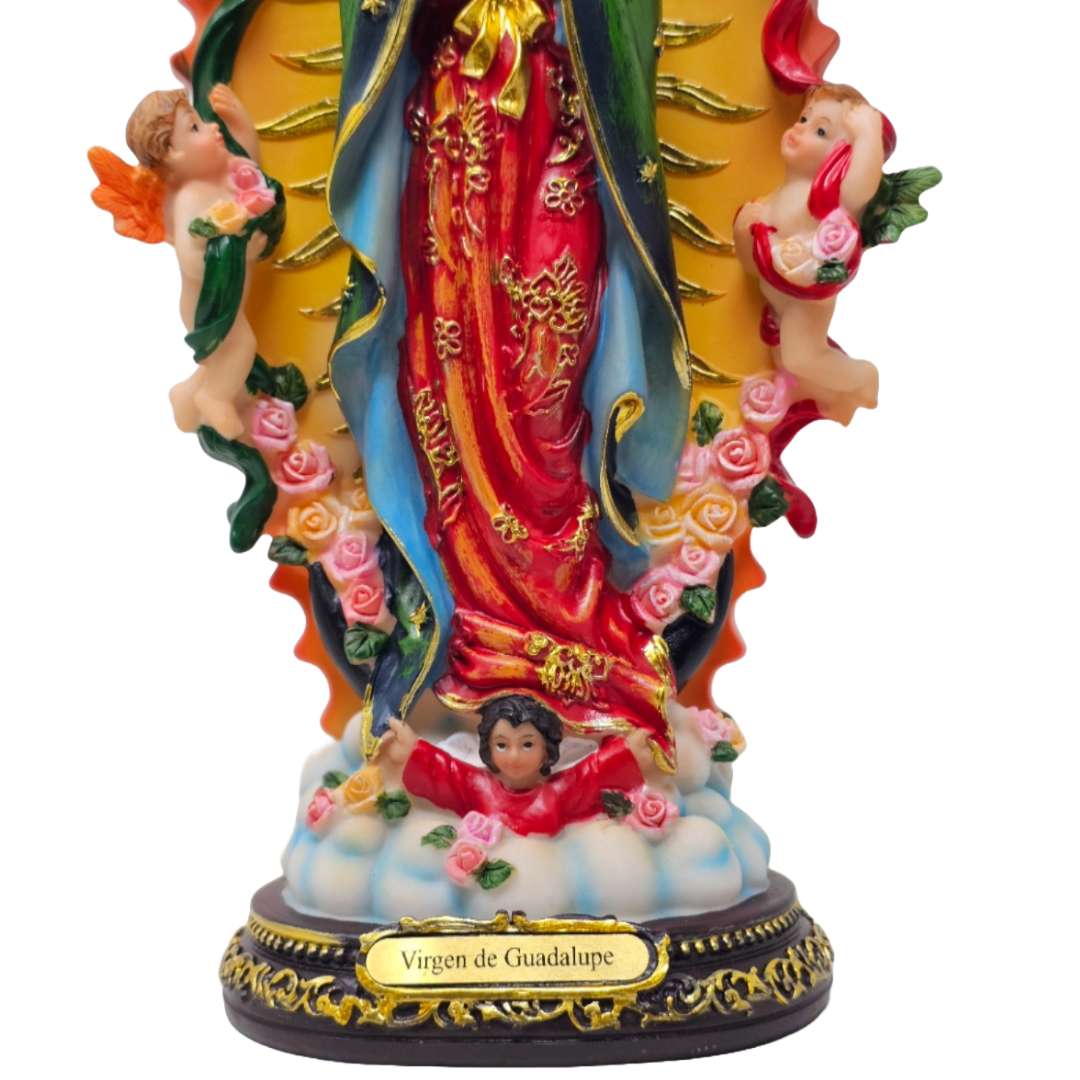 Our Lady of Guadalupe with Angels 12" Statue (Virgen de Guadalupe con Ángeles) - Resin, Vivid Colors, Detailed Catholic Art