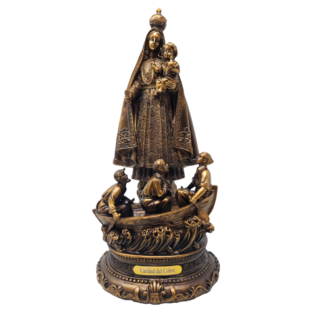 Lady of Charity 12" Statue (Caridad de Cobre) – Bronze Design, Detailed with Three Men on a Boat, Catholic