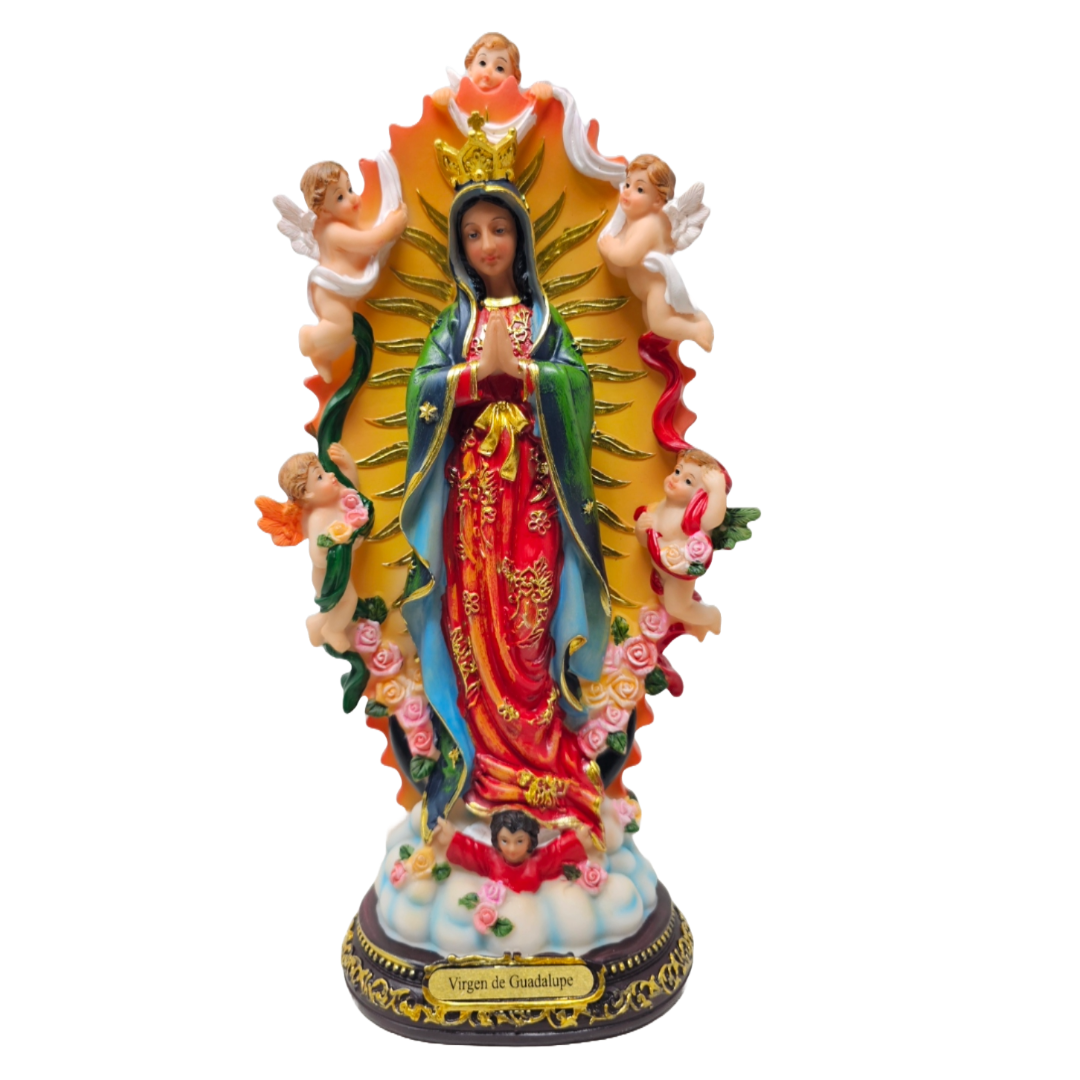 Our Lady of Guadalupe with Angels 12" Statue (Virgen de Guadalupe con Ángeles) - Resin, Vivid Colors, Detailed Catholic Art