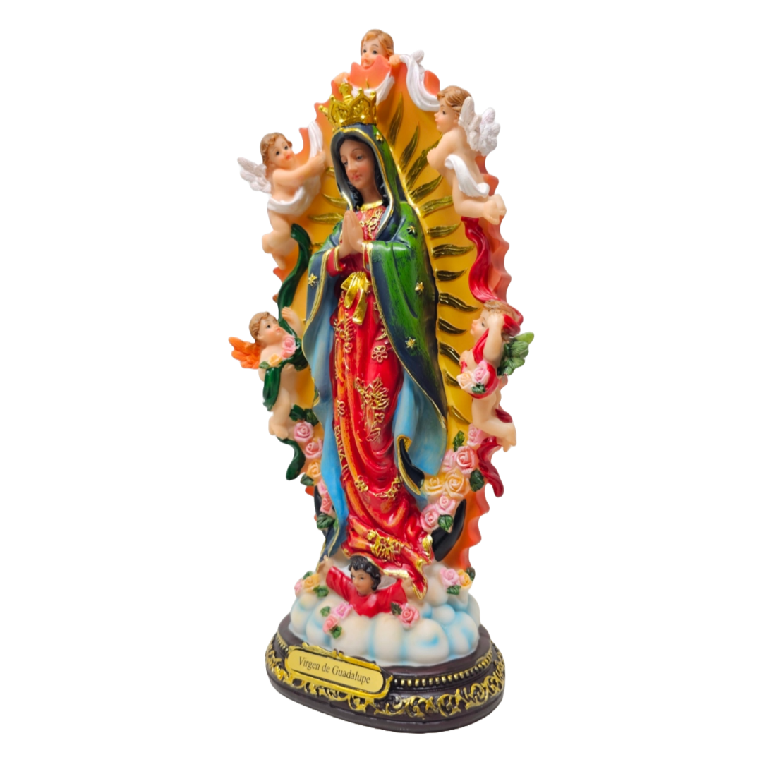 Our Lady of Guadalupe with Angels 12" Statue (Virgen de Guadalupe con Ángeles) - Resin, Vivid Colors, Detailed Catholic Art