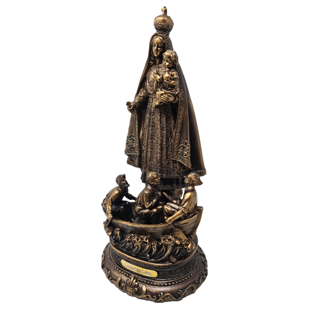 Lady of Charity 12" Statue (Caridad de Cobre) – Bronze Design, Detailed with Three Men on a Boat, Catholic