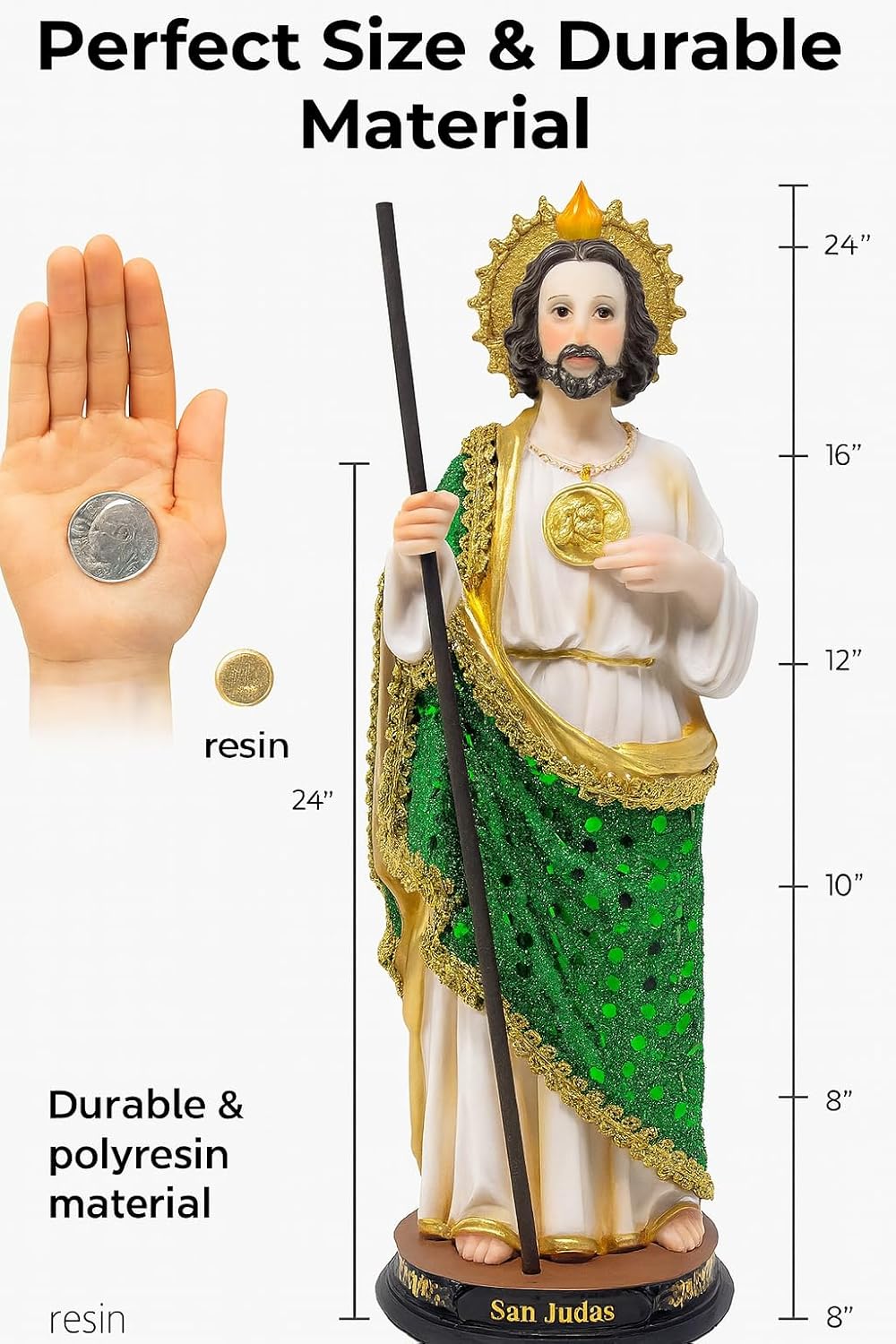 St. Jude Green Cloth Statue – 24″ inches Resin | San Judas Tadeo Figura Católica | Patron Saint of Hope | Religious Statue for Church, Home, and Gifts - 25491-24''