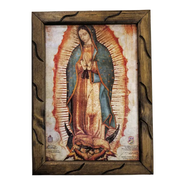 Our Lady of Guadalupe Rustic Frame Painting | Virgen de Guadalupe Cuadro Religioso | Oil Print on Wood –18x13