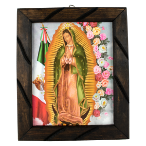 Lady of Guadalupe Mex Flag Rustic Frame - Iconic Religious Art, Mexican Decor, Spiritual Gift, Unique Craftsmanship, Virgen De Guadalupe 12x10