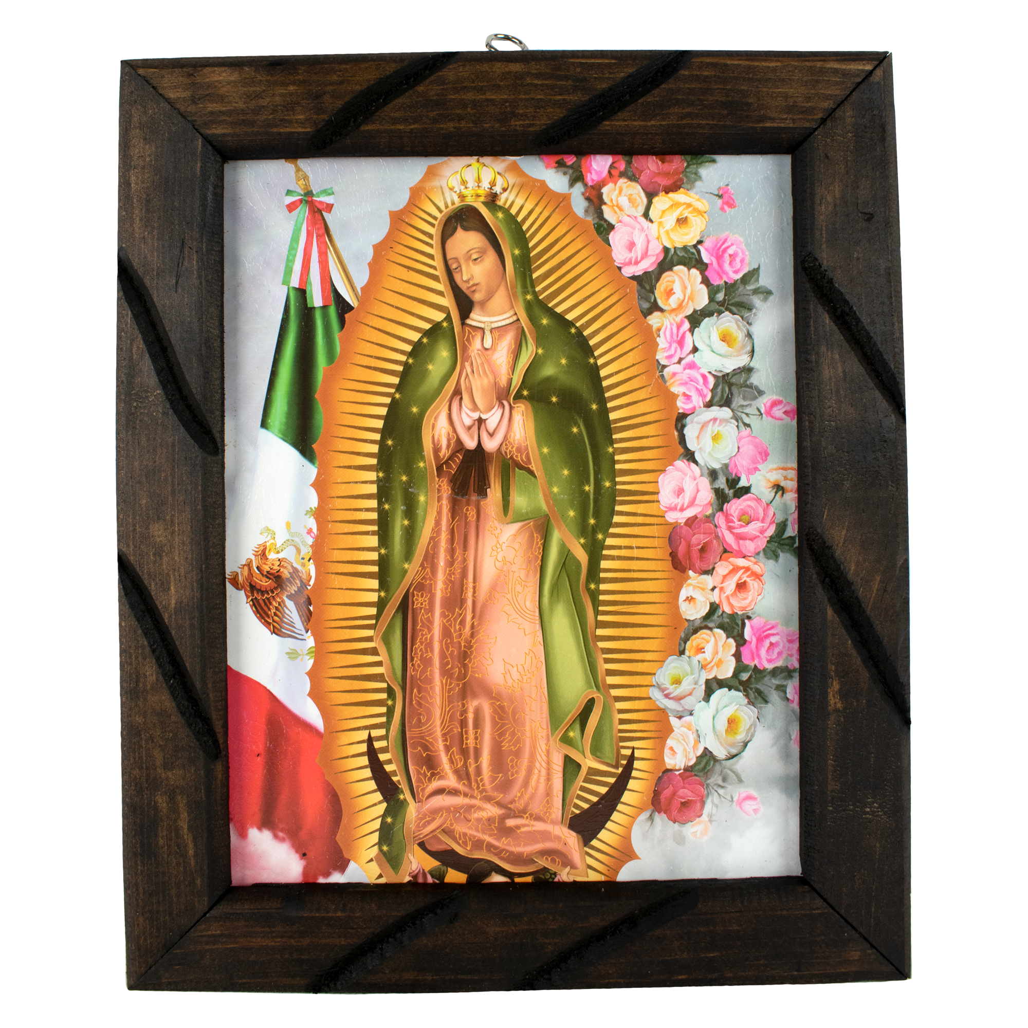 Lady of Guadalupe Mex Flag Rustic Frame - Iconic Religious Art, Mexican Decor, Spiritual Gift, Unique Craftsmanship, Virgen De Guadalupe 12x10