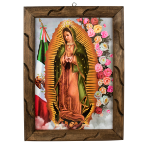 Lady of Guadalupe Mex Flag Rustic Frame - Iconic Religious Art, Mexican Decor, Spiritual Gift, Unique Craftsmanship, Virgen De Guadalupe 18x13