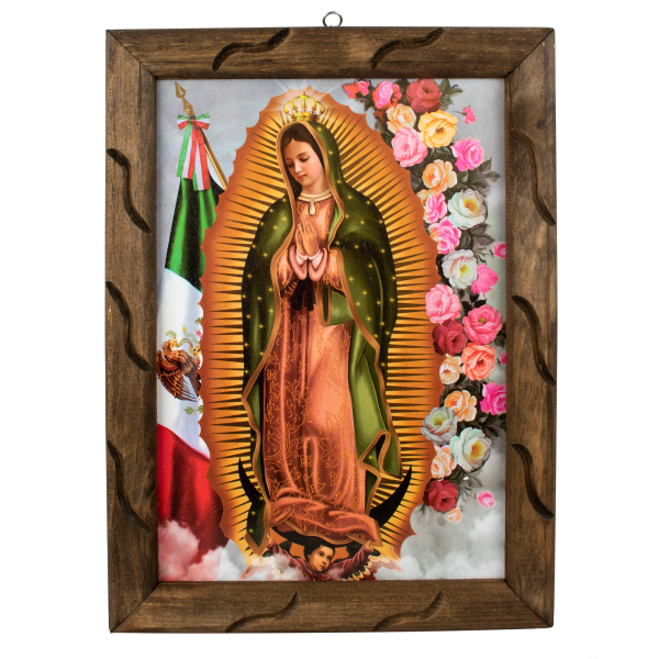 Lady of Guadalupe Mex Flag Rustic Frame - Iconic Religious Art, Mexican Decor, Spiritual Gift, Unique Craftsmanship, Virgen De Guadalupe 18x13