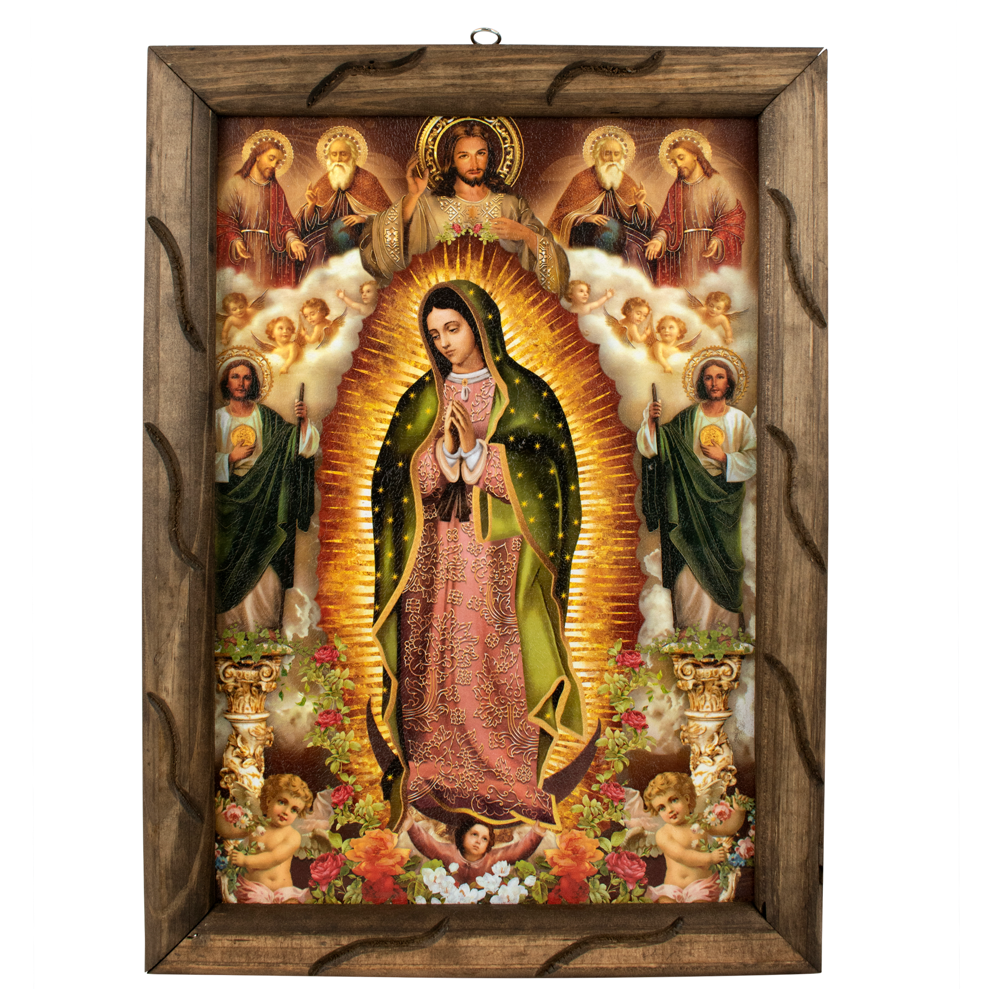 Guadalupe, Saint Jude & Divine Mercy Rustic Frame – Religious Art 18x13 inches